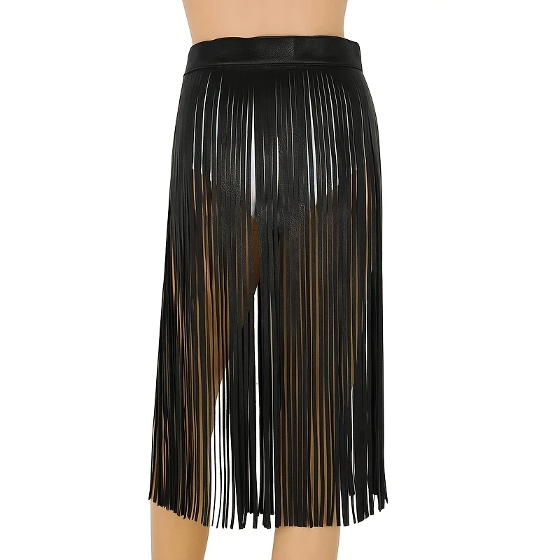 Saia longa estilo gótico com borla, meia saia para mulheres, cinto ajustável, saia de couro pu, adequada para festas noturnas, praias