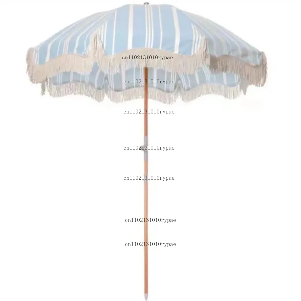 180cm 200cm Big Size Custom Red White Stripe Cotton Canvas Colorful Fringe Beach Umbrella with Black Tassels