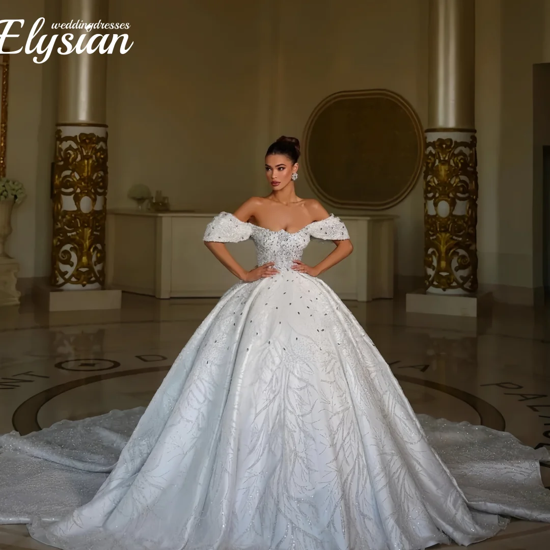 Customized Shiny Beaded Wedding Dress Sequined Off The Shoulder Bridal Gown Ball Gowns Long Dresses For Bride