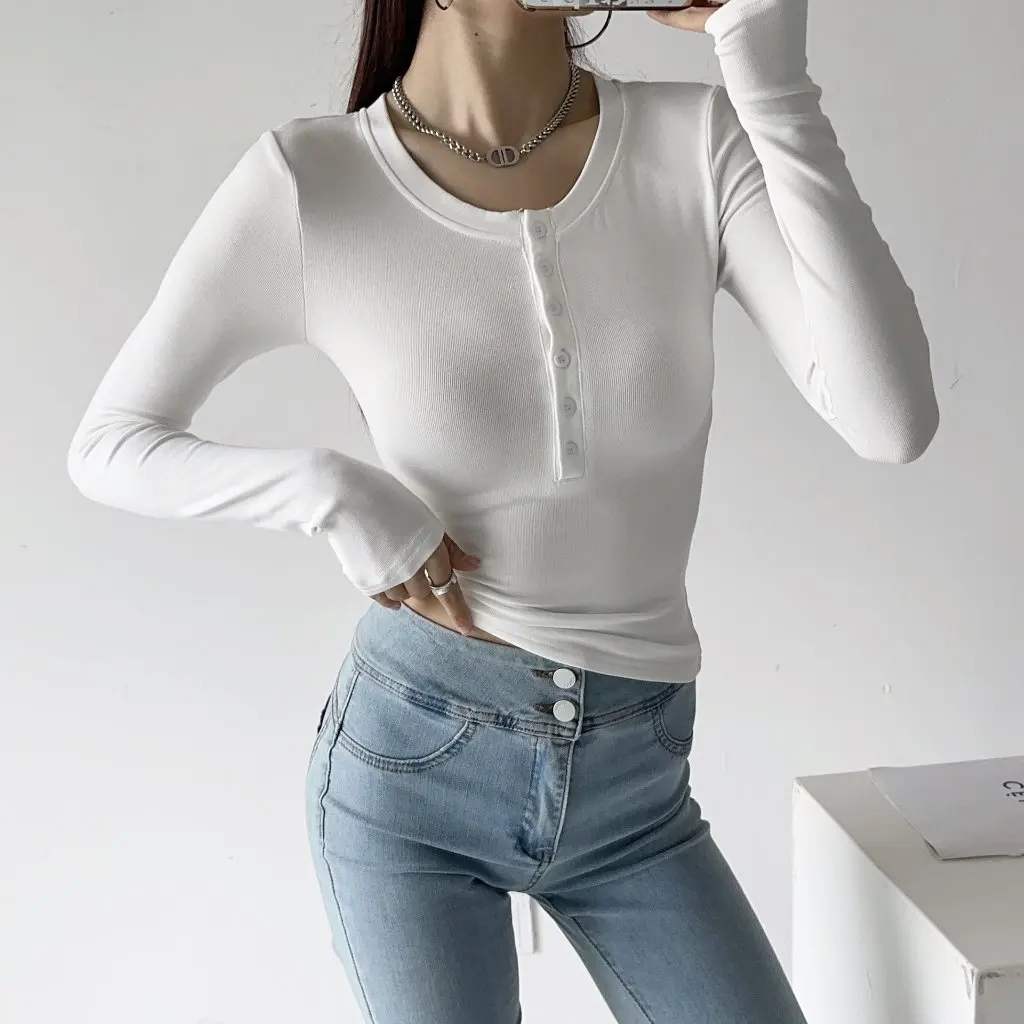 

Women's Fleece-Lined Soft Glutinous Long-Sleeved Slim Fit T-Shirt Autumn Winter European American Style Hot Girl Buckle Slimming