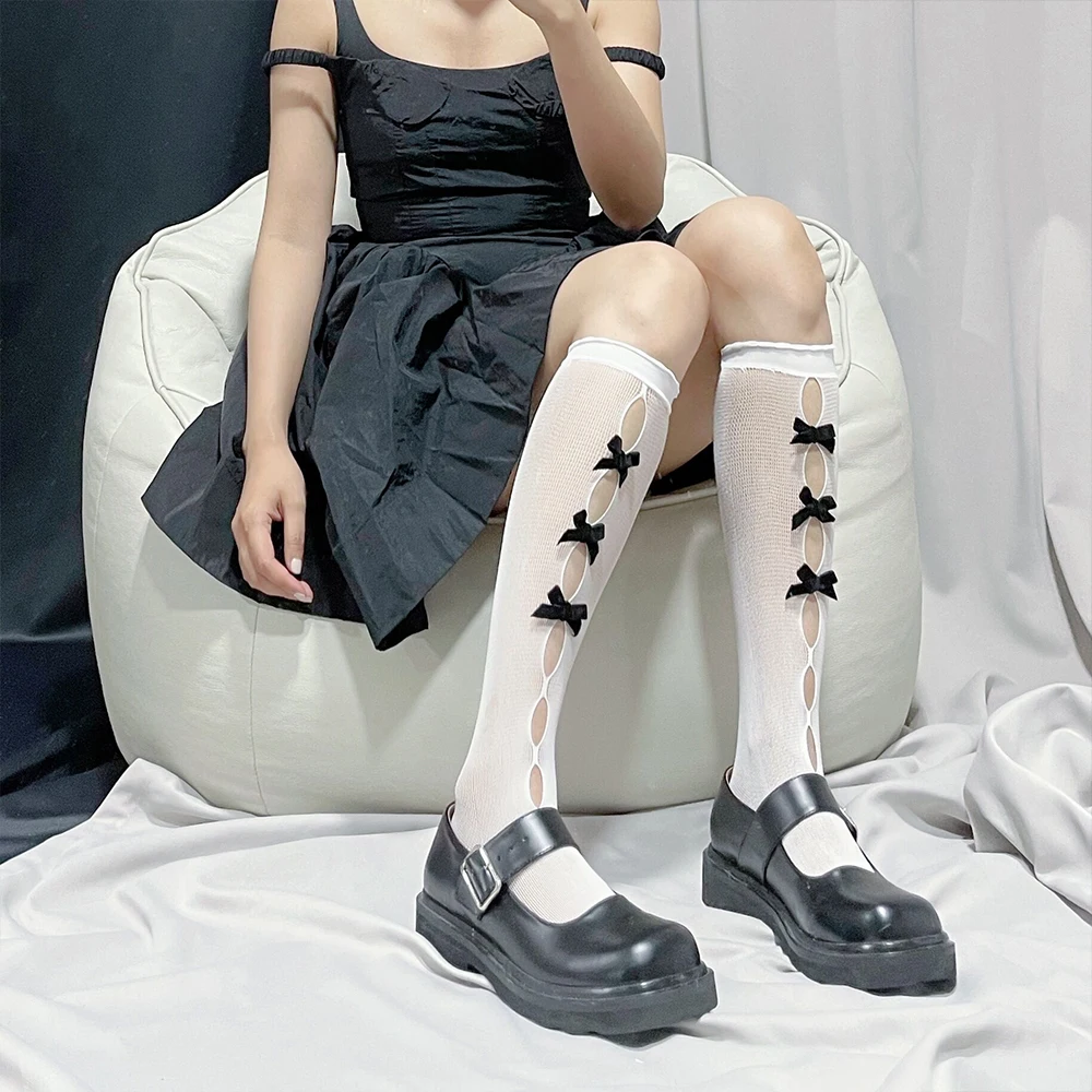 

Sweet Lolita Girl Bow Hollow Stockings Japanese Fishing Net Fashionable Lace Knee Length Stockings with Bow Thin Stockings