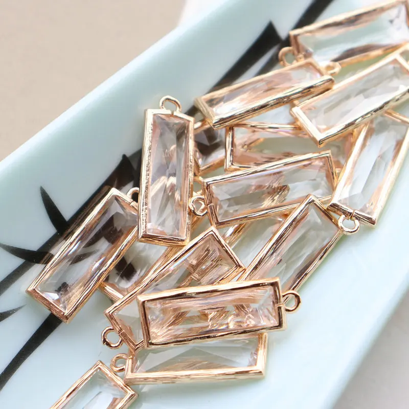 20pcs KC Gold Plated Faceted 9x23mm Transparent Quality Clear White Glass Rectangle Pendant Charms DIY Chain Necklace Making