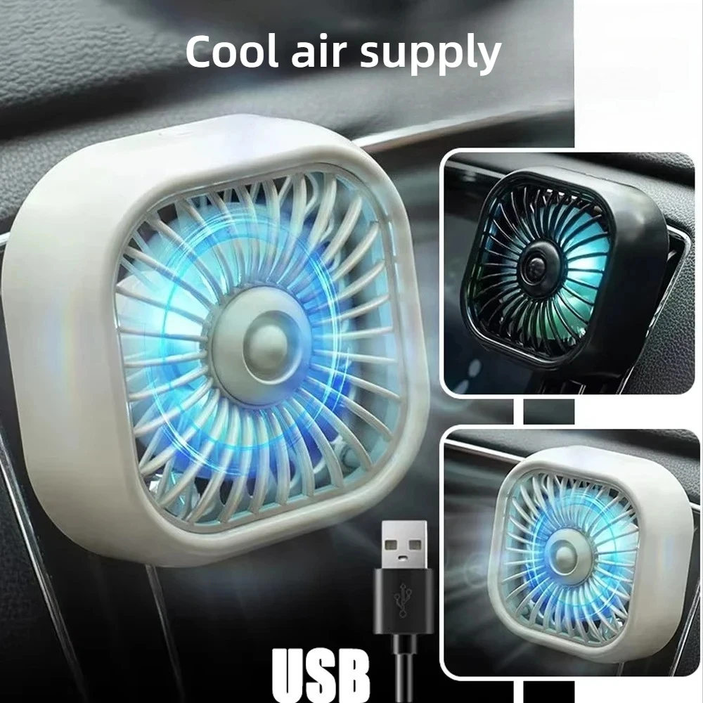 Ventilador de Carro Mini USB Novo para o Verão, 3 Velocidades Ajustáveis, Montagem na Saída de Ar com Luz Colorida, Acessórios para Carro