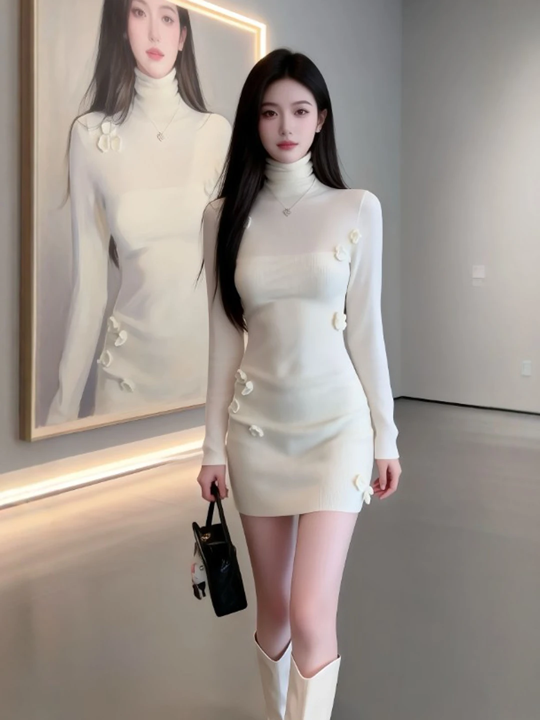 

Корейское трикотажное платье с высоким воротником, приталенное, с утянутой талией, короткая юбка, весенний сезон, из мягкого хлопка, с длинными рукавами, женское платье