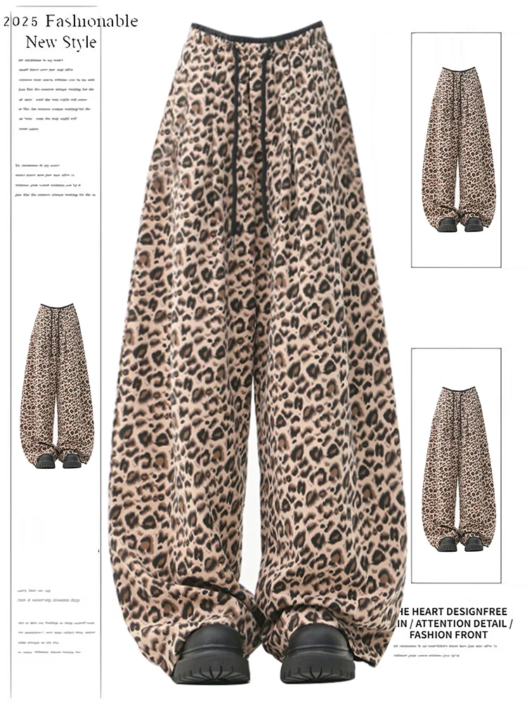 

Женские повседневные брюки с леопардовым принтом Y2K American High Street Harajuku Эстетический хип-хоп Спортивные ретро Свободные широкие брюки Одежда