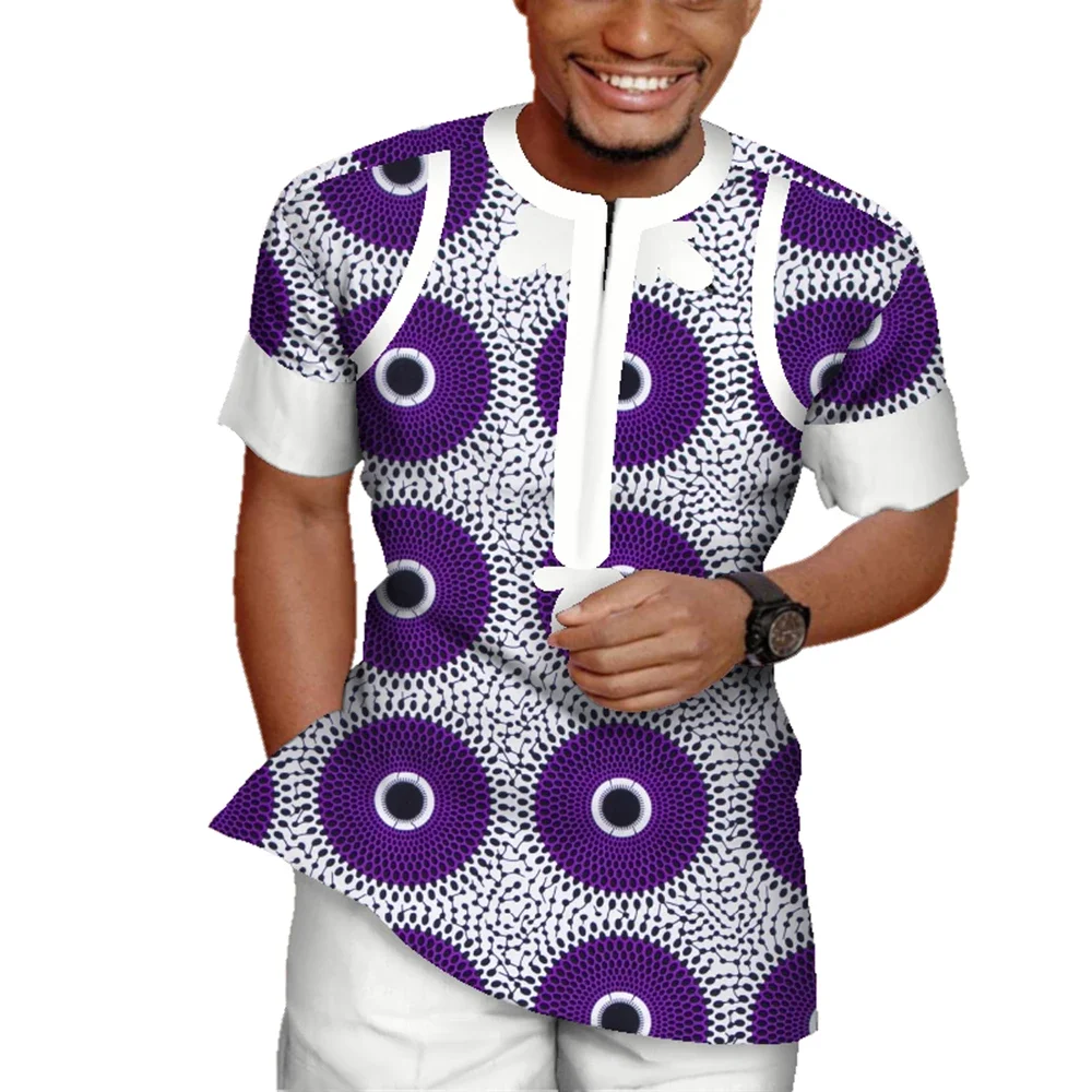 2pcs set Men Top Shirt and pant trousers set Bazin Riche African Men Clothes Cotton Print Patchwork Short Sleeve Dashiki WYN943