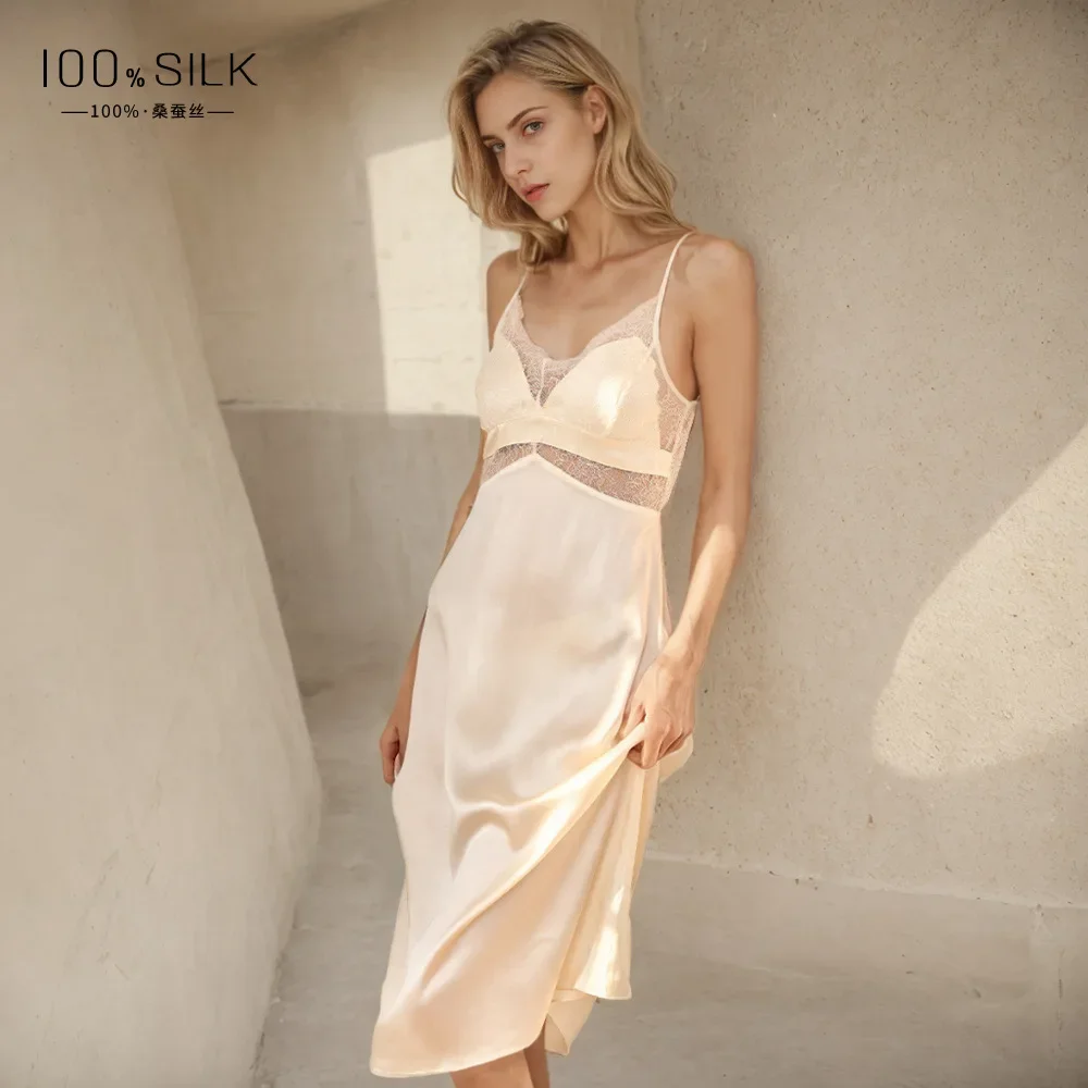 

19MM 100% Real Silk Sexy Long Nightgown with Chest Pad Women Pajama Homewear Spaghetti Strap Dress Spring Summer Nigtdresshtdre