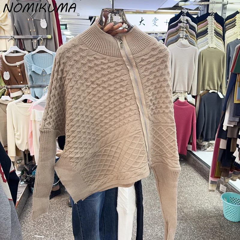 Nomikuma Niche Design with Irregular High Neck Sweaters for Women's Short Autumn/winter 2023 New Zippered Knit Pullover Tops