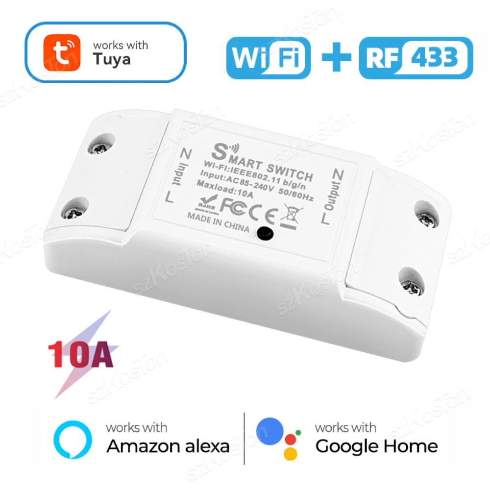 Tuya WiFi RF433 Receiver Switch 10A Smart Home Relay Smart Switch Module Smart Life APP DIY Timer Voice for Alexa Google