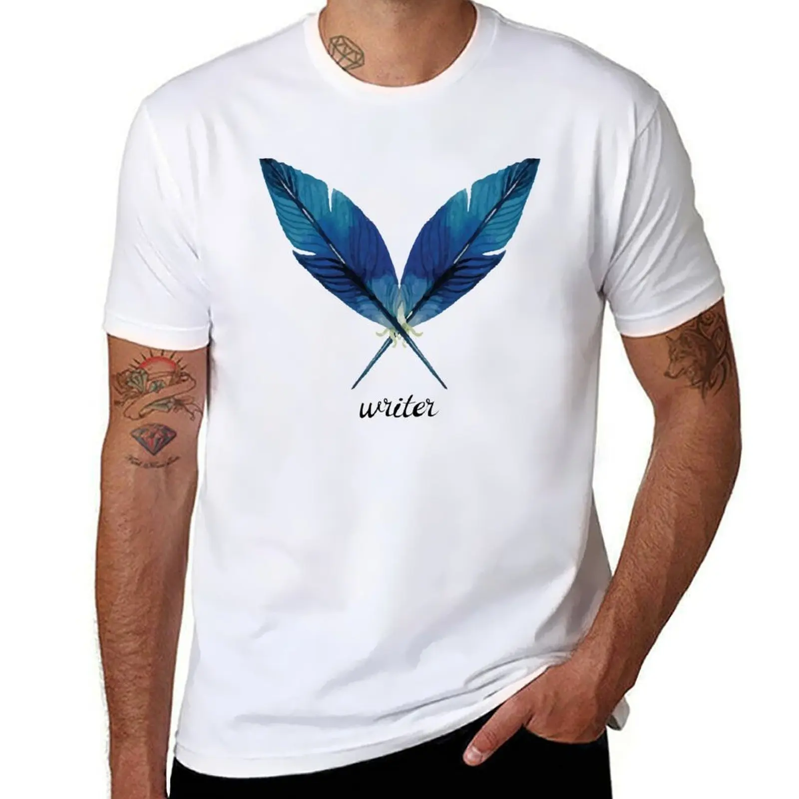 

Writer! Blue Feathers T-Shirt cotton t shirt man man t shirt heavy cotton man t shirts for men casual T-Shirt
