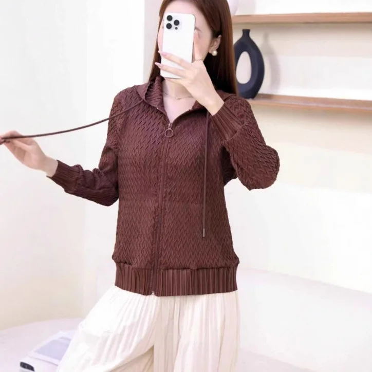

Miyake Pleated Autumn and Winter Hooded Sweatshirt for Women, Simple and Casual Fashion Cardigan Jacket, Zipper Pleated Shirt