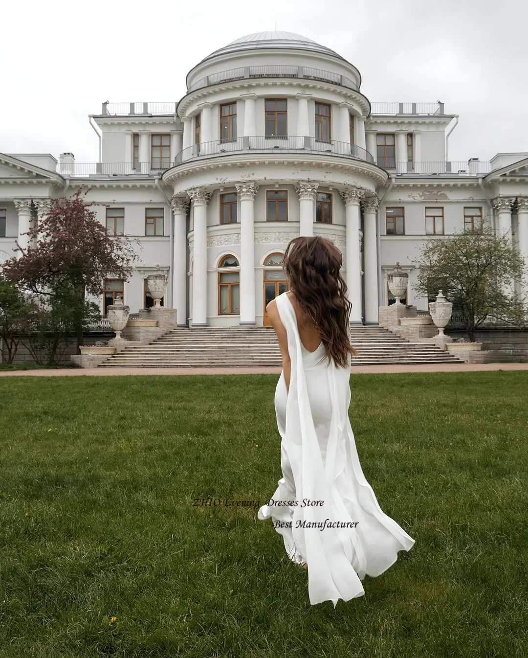 ZHIO Elegant Satin A Line High Collar Backless Evening Gown Dress with Shawl Sleeveless Floor Length Form Prom Gowns Customized