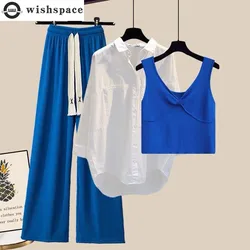 Conjunto de tres piezas de chándal elegante para mujer, camisa blanca, chaleco azul, pantalones de pierna ancha, trajes informales, primavera y verano, 2023