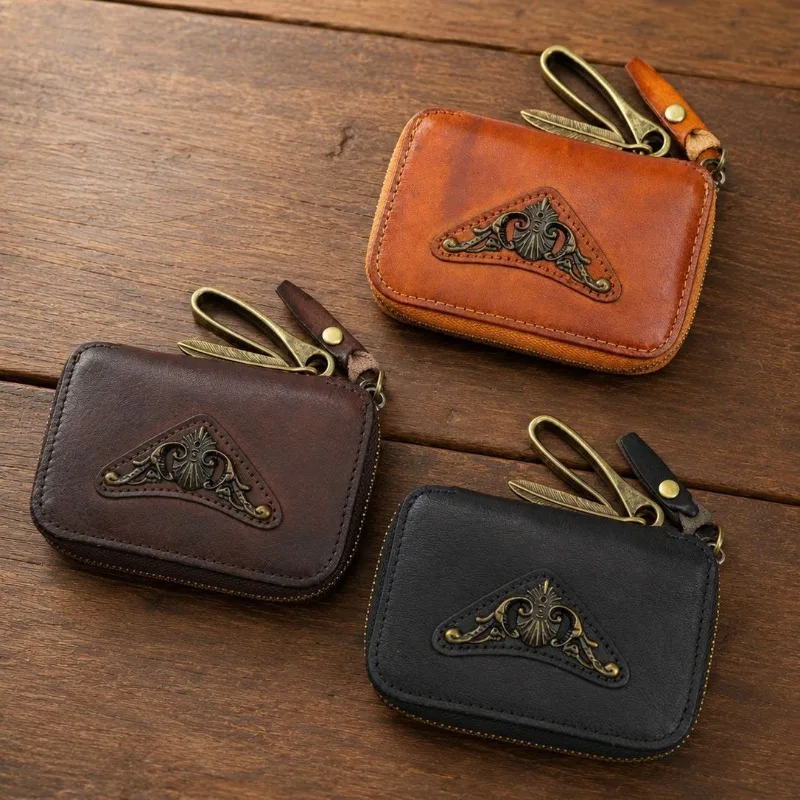 Handcrafted Distressed Cow Leather Key Pouch, Vintage Zipper Key Wallet with Multiple Hooks, Men Genuine Leather Key Holder Bag