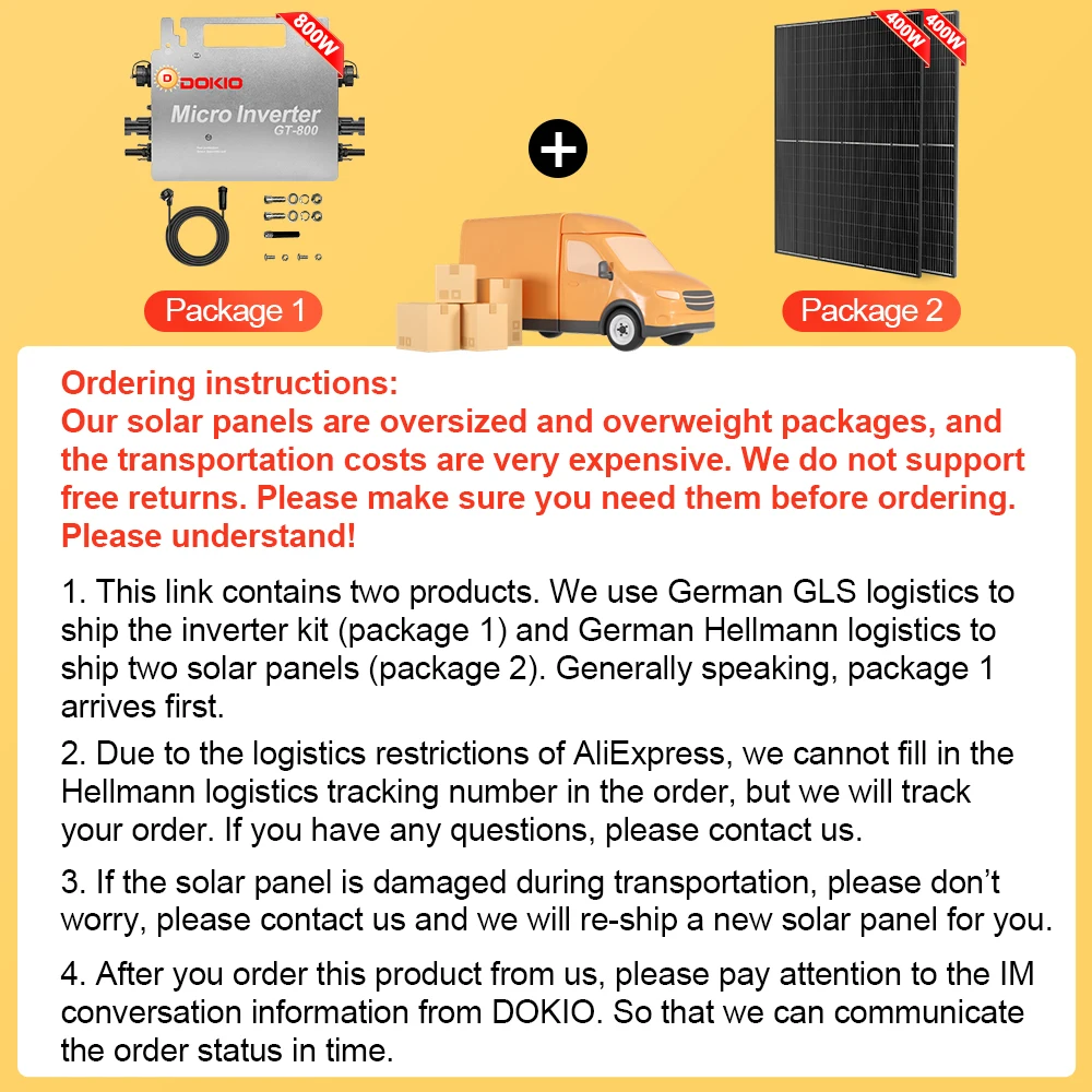 DOKIO 800W Waterproof Solar Panel with 800W Micro Inverter Complete Balcony Power Station Kit Plug and Play Home System