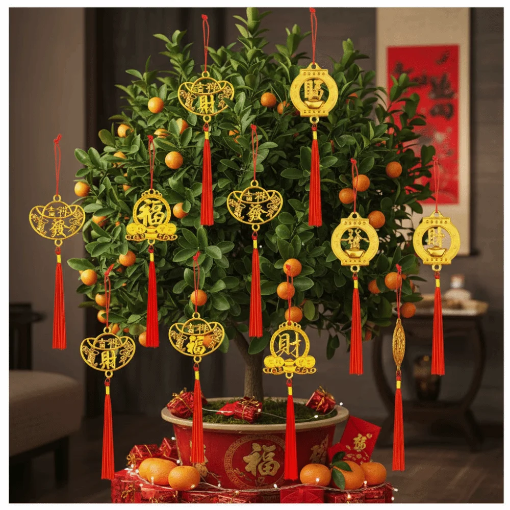 6/10Pcs Gold Chinese New Year Pendant Waterproof Good Luck Spring Festival Bonsai Pendant Wealth with Tassel