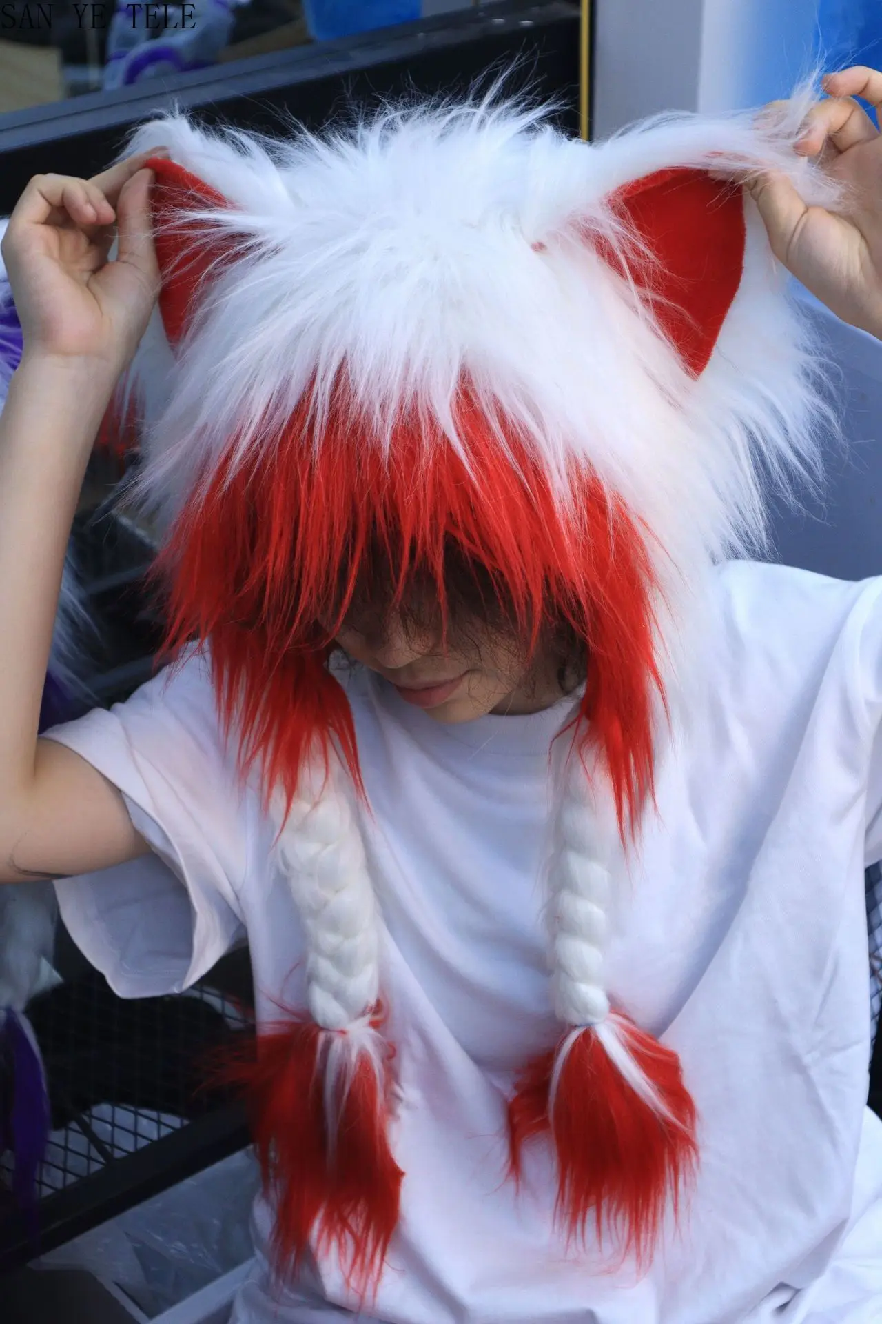 Red Black Cosplay Cat Ear Plush Hat with Braided Warm Fluffy Anime Y2K Subculture Earmuffs Headwear Anime Accessory Hat