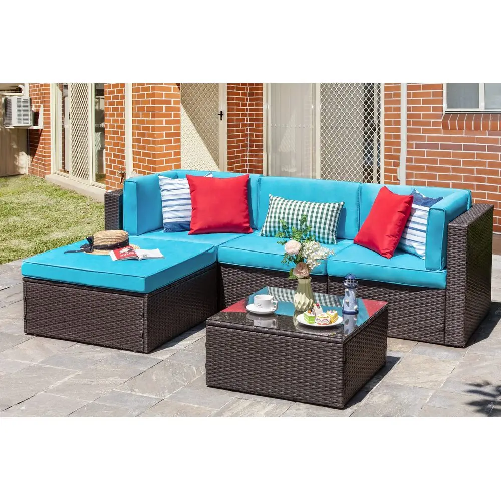 

5 Piece Furniture Sets, AllWeather Brown PE Wicker Outdoor Couch Sectional Small Patio Conversation Garden Sofa Set w Ottoman,