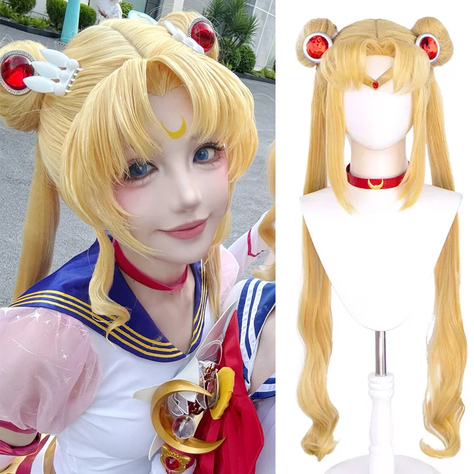 Anime Cosplay Sailor Moon Wig Tsukino Usagi Golden Yellow Princess Serenity Long Curly Synthetic Hair Costume Wig for Halloween