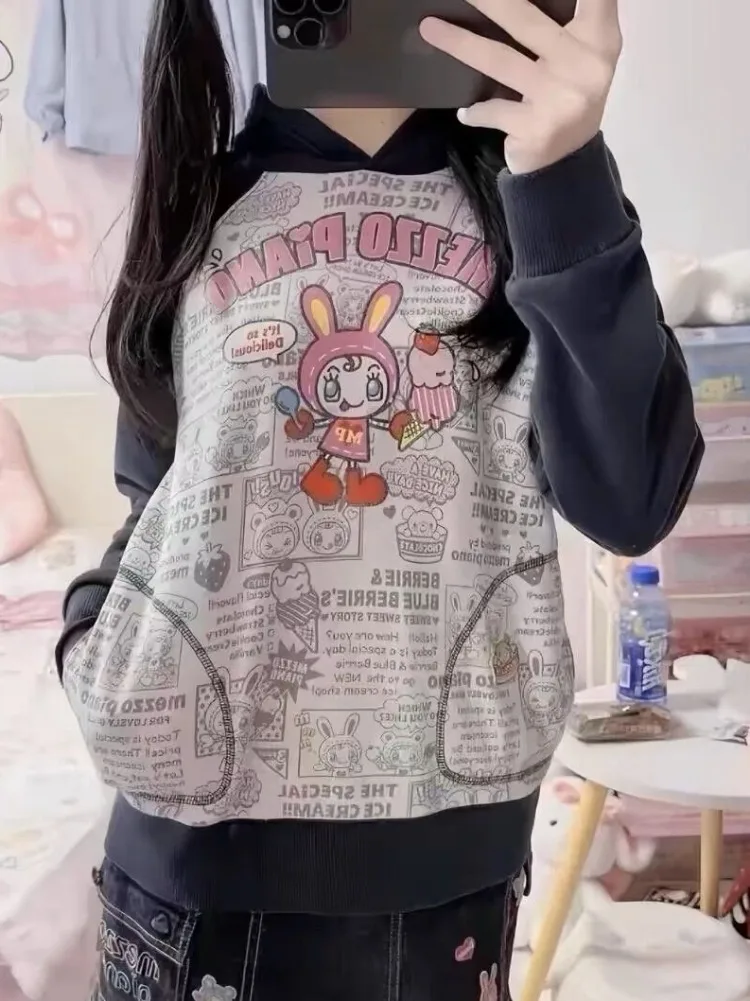 

Japanese Kawaii Contrast Color Y2K Hoodies Women Cartoon Letter Print Sweatshirt Grunge Aesthetic Harajuku Casual Moletom Tops