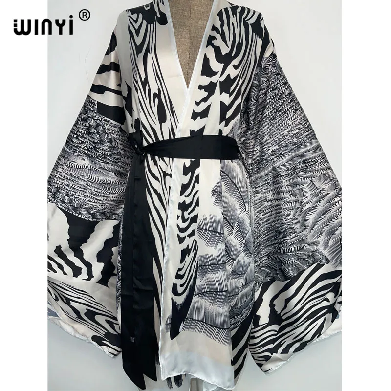 2022 WINYI Summer Beach Wear Swim Suit Cover Europe sweet lady boho Cardigan stitch Self Belted sexy Holiday long Sleeve Kimono