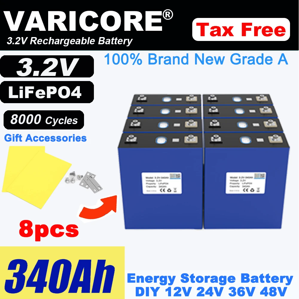 

8x 3.2V 340Ah Lifepo4 Battery 8000Cycle Lithium Iron Phosphate for 4s 12v 24v Travel Solar Campers Golf Cart Yacht Grade A