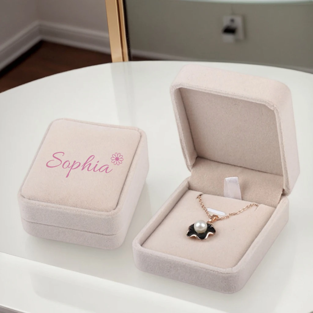 Personalized beige rounded velvet necklace box, pendant box jewelry box, customized jewelry storage box, gift for her