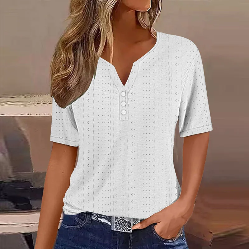 

Women Casual T Shirt V Neck Short Sleeve Button Loose Tee Tops Summer Basic T-Shirts For Women Elegant Pullover blusas de mujer