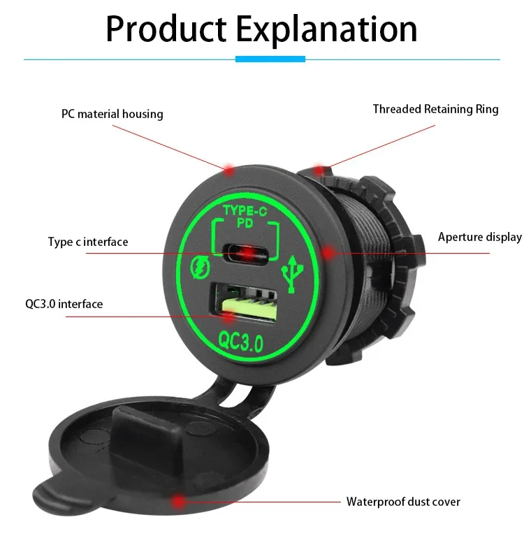 Pengisi Daya Mobil USB PD Tipe C 38W QC 3.0, Adaptor Pengisi Daya Ponsel Tahan Air 12V-24V untuk Mobil, Kapal, RV, Truk