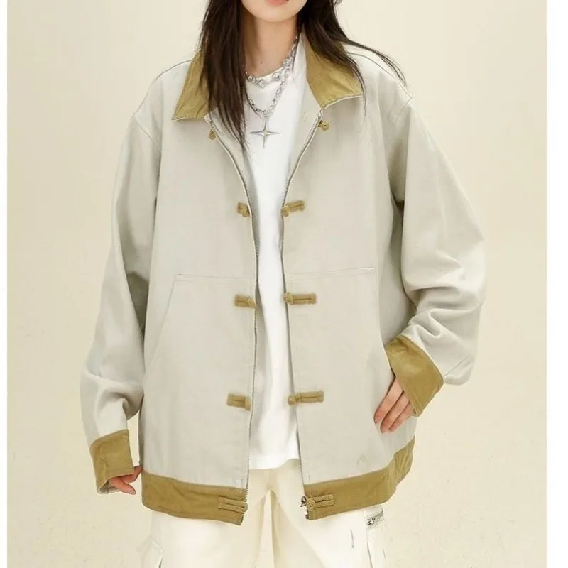 

Juspinice New Chinese Style Buckle Jacket Men's Autumn Style Contrasting Color Splicing Lapel Jacket Design Sense Top