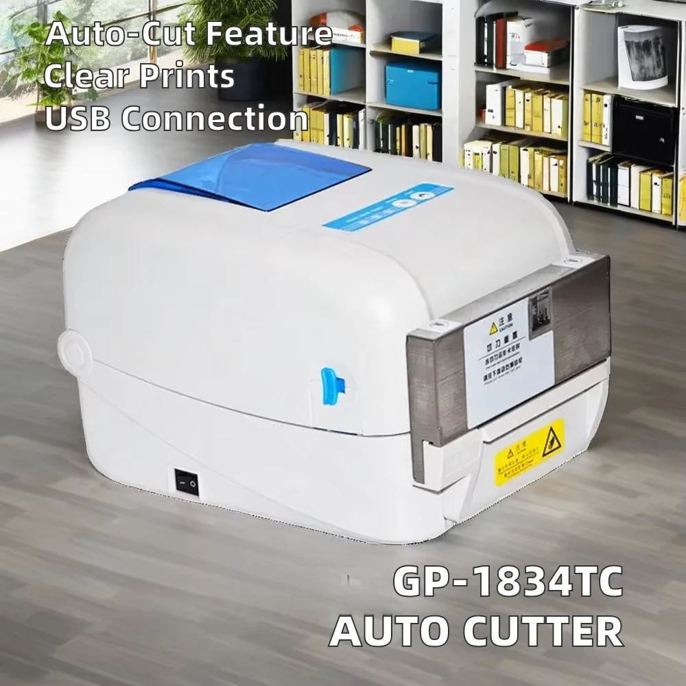 GP-1834TC 4 Inch Thermal Transfer Printer with Auto Cutter 300dpi Barcode Clothing Label Stickers Wash Care Labels