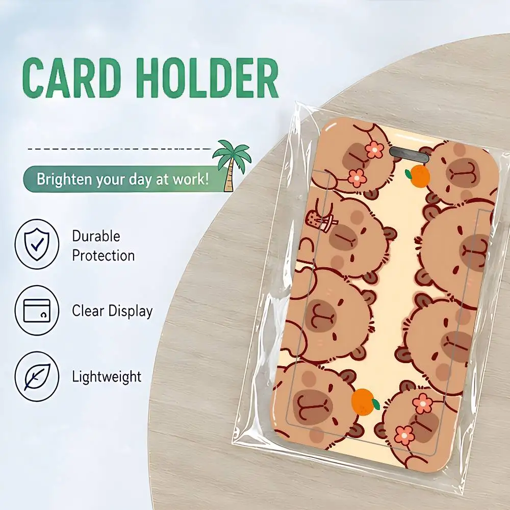 Cartoon Capybara ID Card Holder PVC Badge Holder With Lanyard Slot Student Bus Card Cover Office Work Card Case