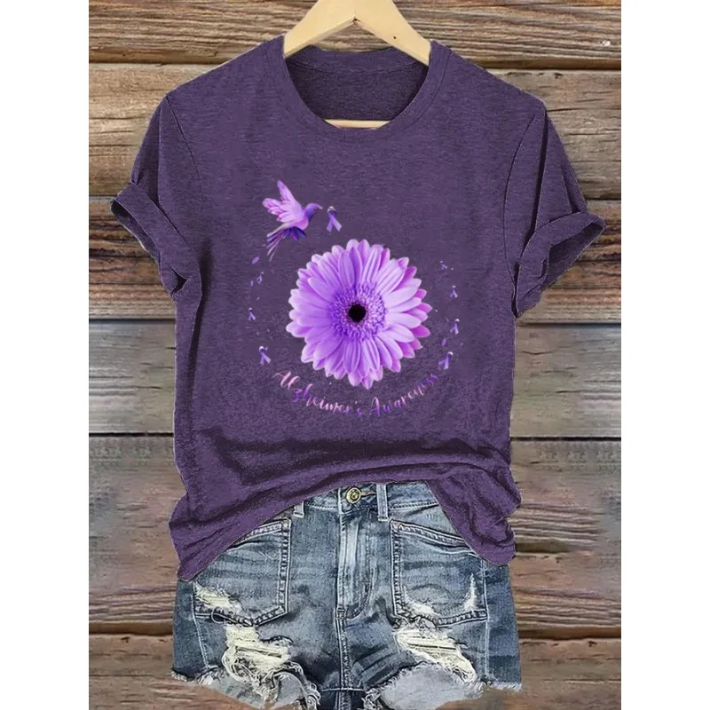 Women's Fight Alzheimer's Awareness Print T-Shirts Summer Casual T Shirt Short Sleeve Tops Tees