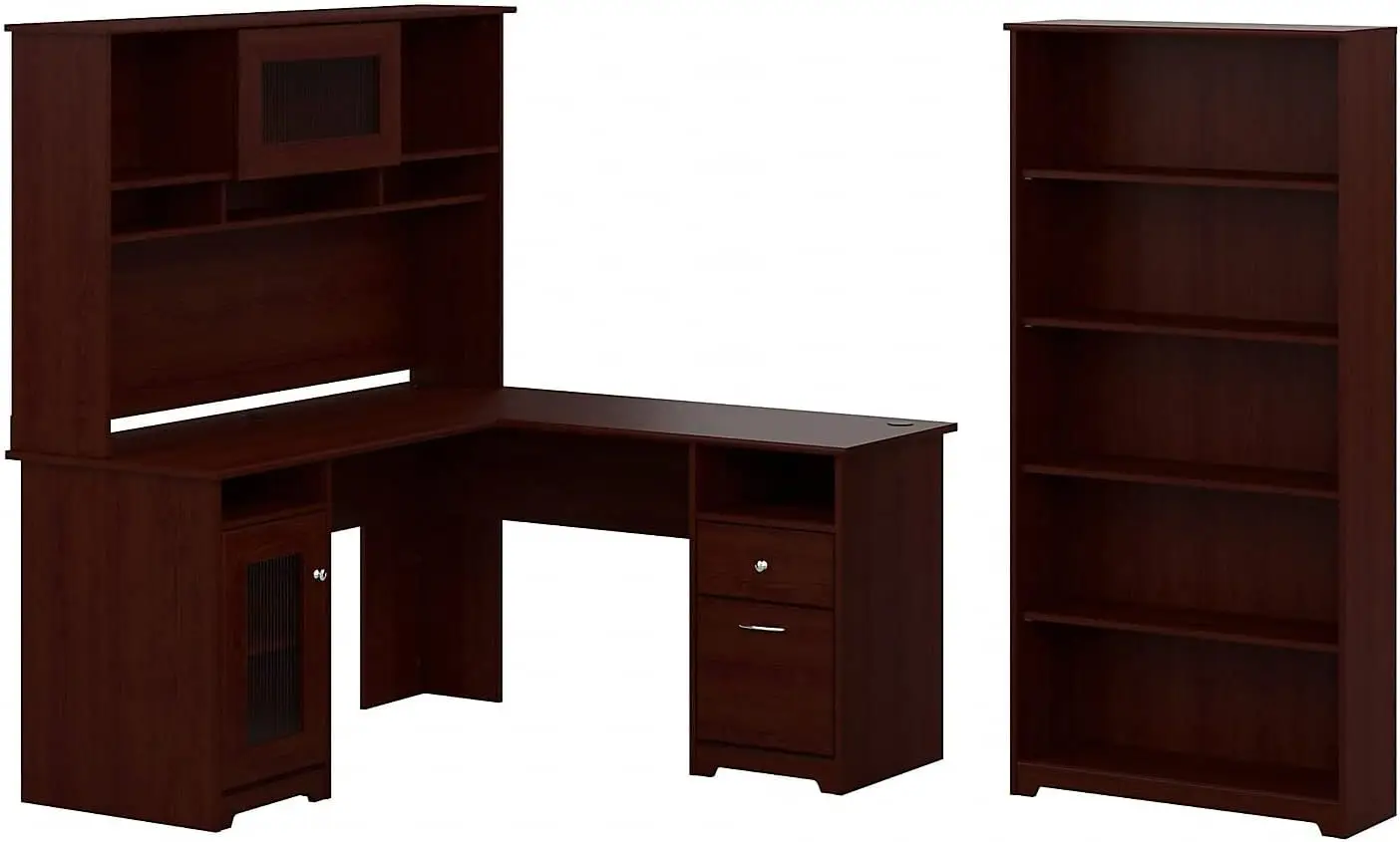 Cabot 60W L Shaped Computer Desk With Hutch And 5 Shelf Bookcase In Harvest Cherry