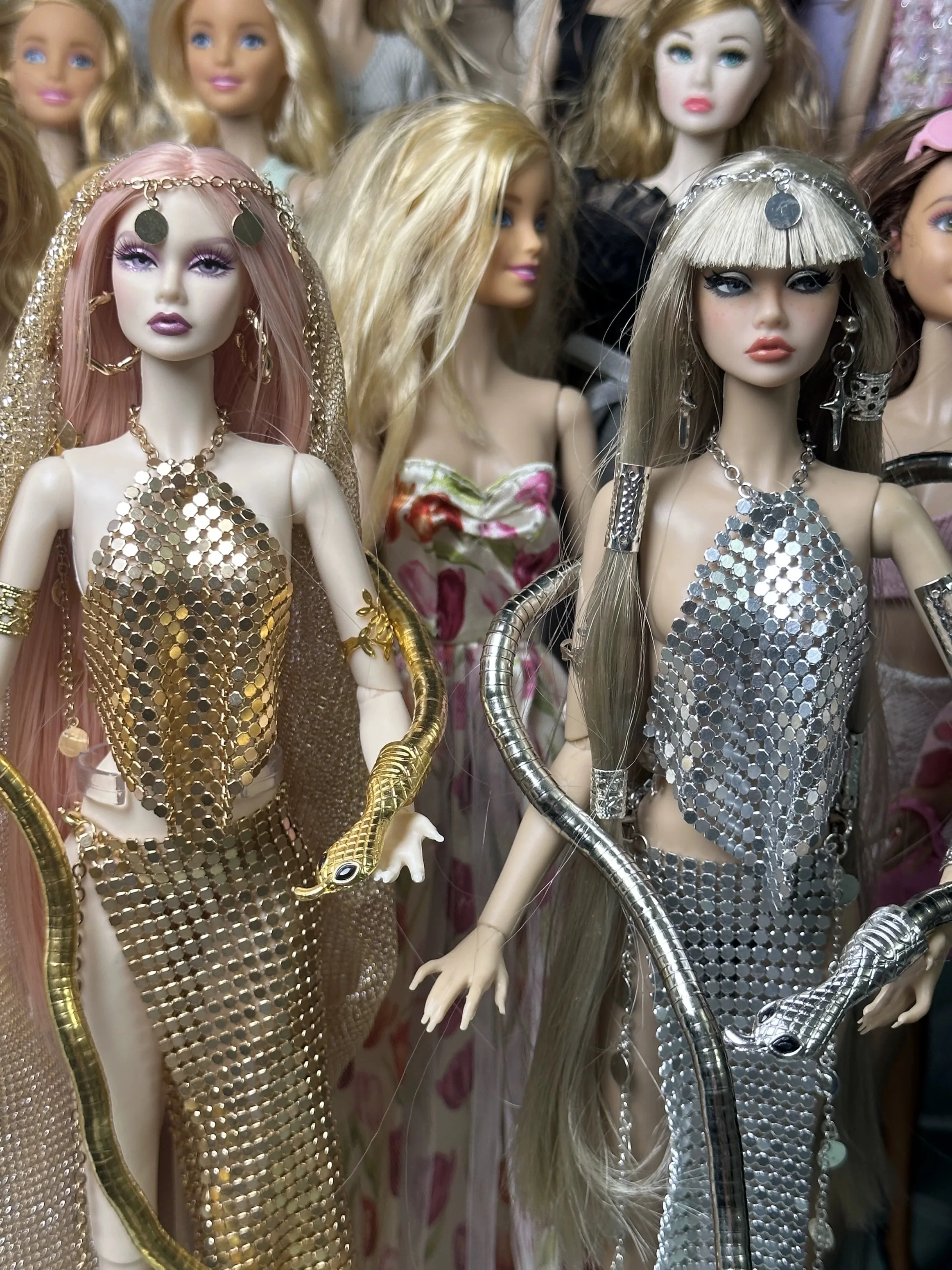 

Original Design Egyptian Queen Doll Clothes Gold Sequinned Evening Gown+Snake+Headwear Set For 1/6 Babi Xianxian Supermodel Doll