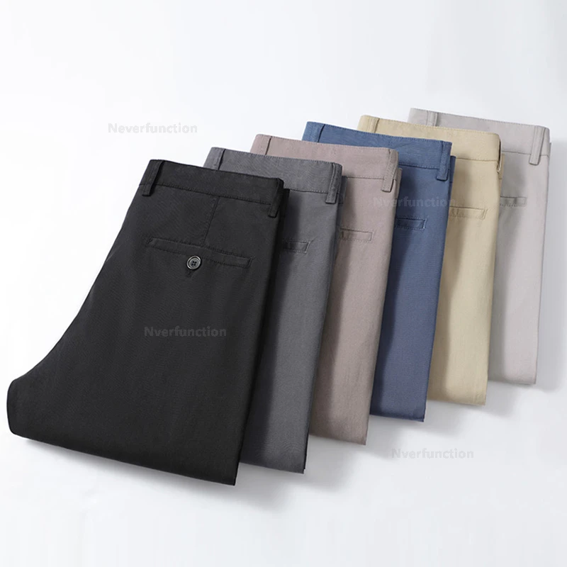 Calça casual Lyocell masculina, macia de seda gelada, confortável, elástica, calça reta, roupa de negócios, cáqui liso, fina, verão