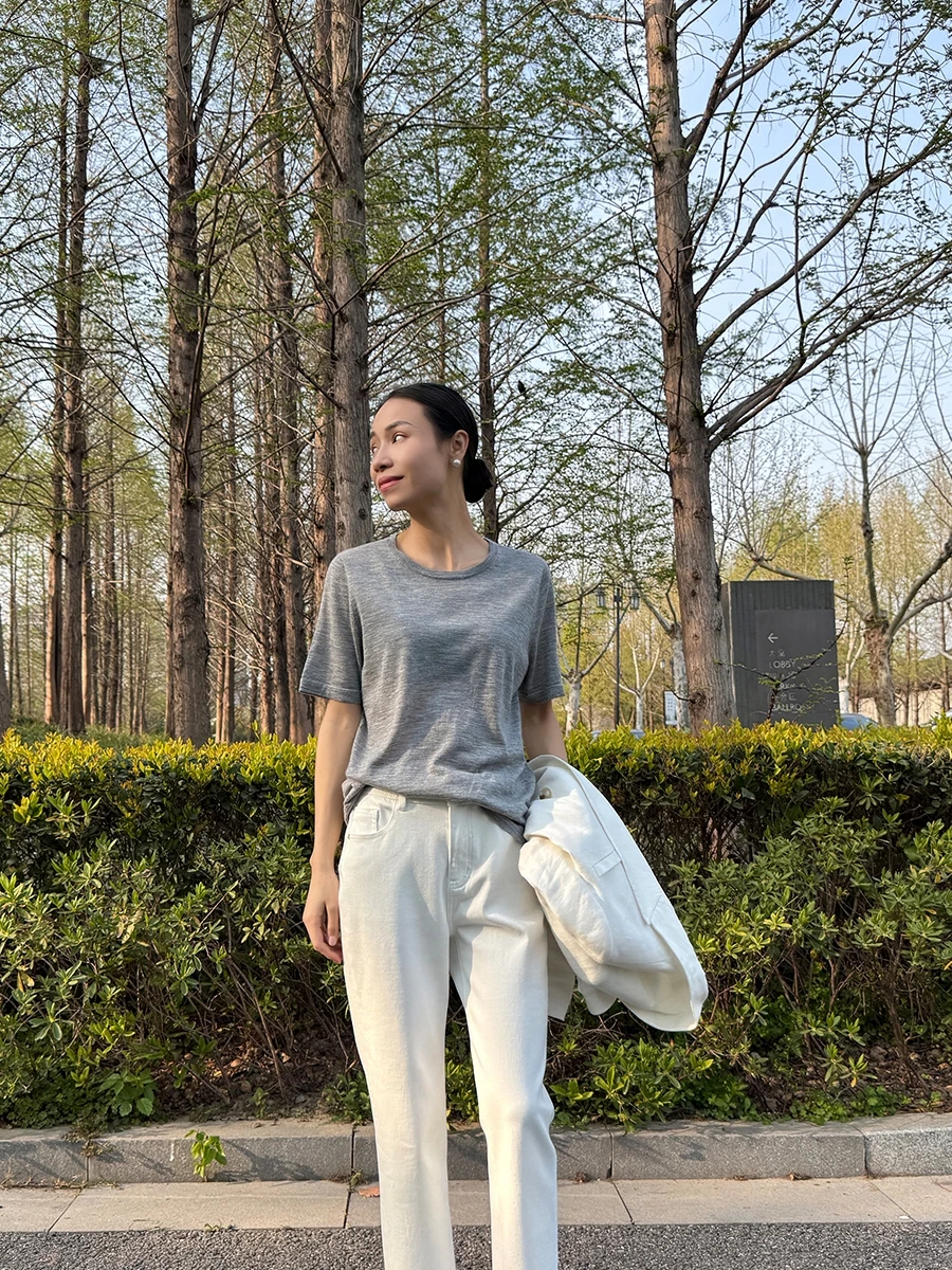 

the Ease Comfortable Early Spring 80-Strand 00% Pure Camere Knitted Simple T-irt Women's Regular Sve Length ort Sle...