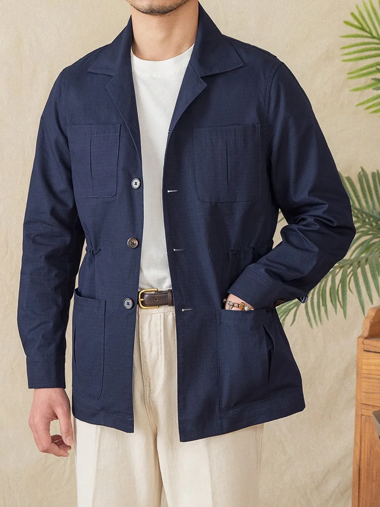 

Mr. Deer Tee Lightweight Pure Cotton Casual Outdoor Jaet with Dstring Cuban Collar Plaid Coat Men's Faion Spring Summer