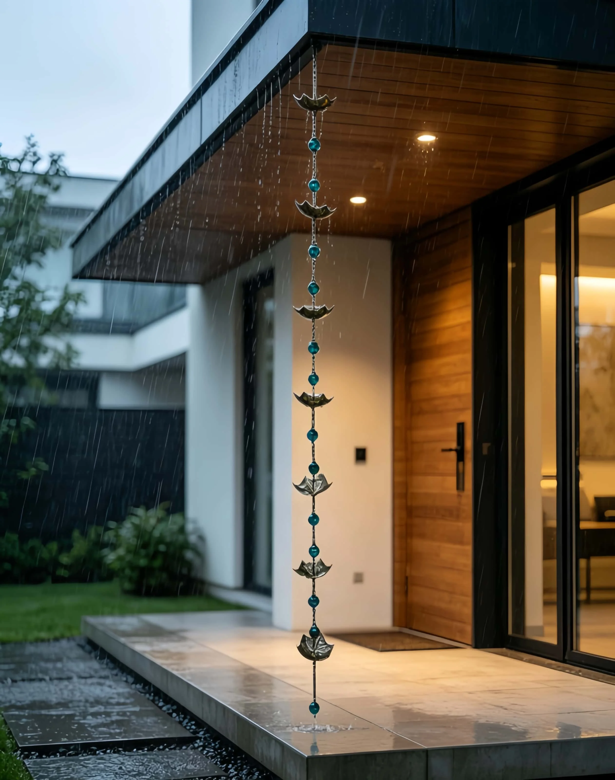 Bronze Umbrella Rain Chain with Blue and Beads, Rust-Resistant Metal Rain Chain, Garden Water Management, Drainage Adapter
