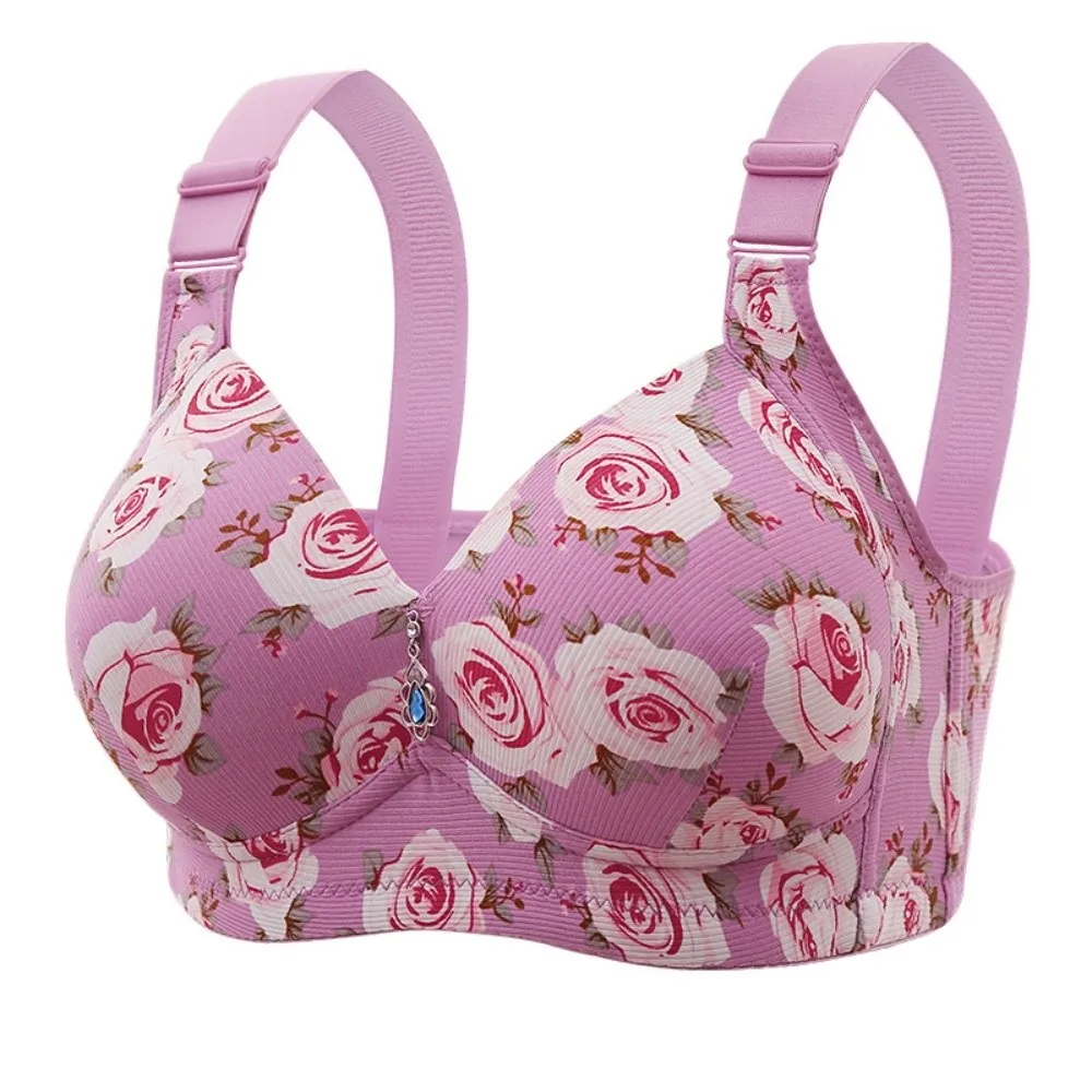 

Plus Size Elderly Mothers Flower Bra Close-fitting Gathering Anti Sagging Lace Women's Underwear Rose Printed Shockproof