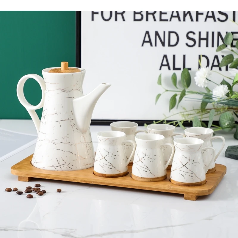 

Marble Series Tea Set Nordic Ceramic Coffee Mugs with Teapot Family Breakfast Milk Cups Saucer Afternoon Tableware Suit