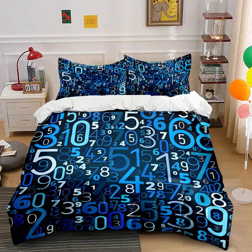 Numbers on Blue Background Bedding Set for Kids Luxury Gift 3pcs Digital Print Comforter Set Soft Comfortable Breathable