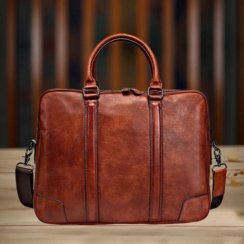 New Genuine Handmade High-end Computer Bag 15-16 Inch Briefcase Mens Tanned Leather Briefcases Men Single Shoulder Crossbody Bag