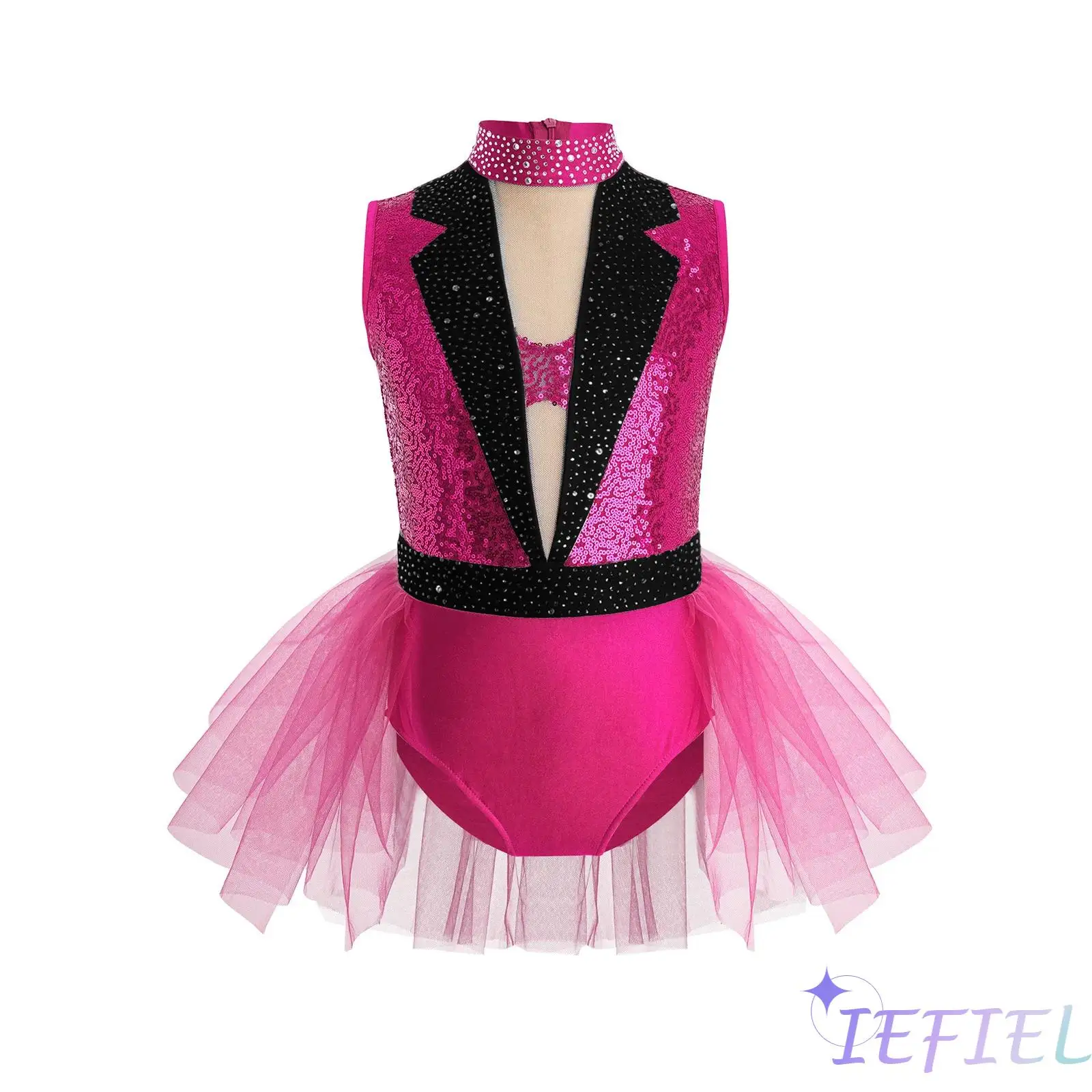 

Kids Ballet Dancewear Girls Sparkling Sequin Rhinestone Dance Dress Mock Neck Sleeveless Mesh Patchwork Tulle Skirted Leotard