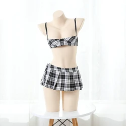 Preppy Jk Plaid Lingerie Set Low Cut Erotic Underwear Three-point Student Outfit Role Play Sweet Girl Cute Bra Set Women