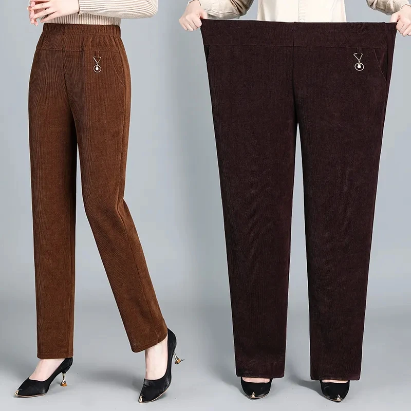 Middle Aged Women Corduroy Pants Autumn Winter Elastic High Waist Large Size Straight Pants Loose Thick Mother Corduroy Trousers