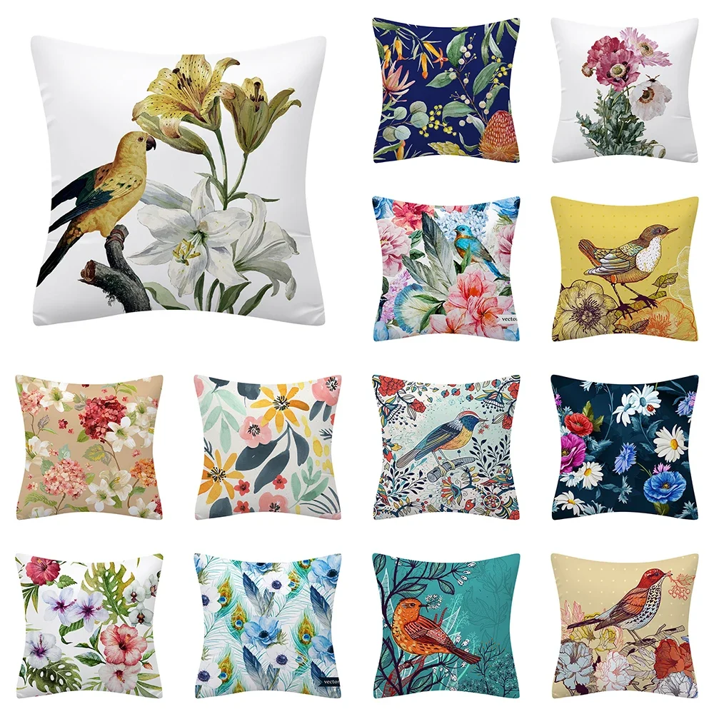 Colorful plant flower and bird print pattern polyester cushion cover for home living room sofa bedroom decorative pillowcase