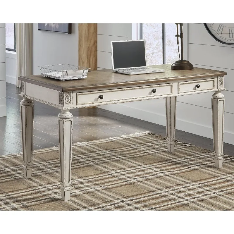 60" Home Office Desk with USB Charging, Chipped White,Designed with 2 smooth-gliding dovetail drawers, 1 drop-down drawer front