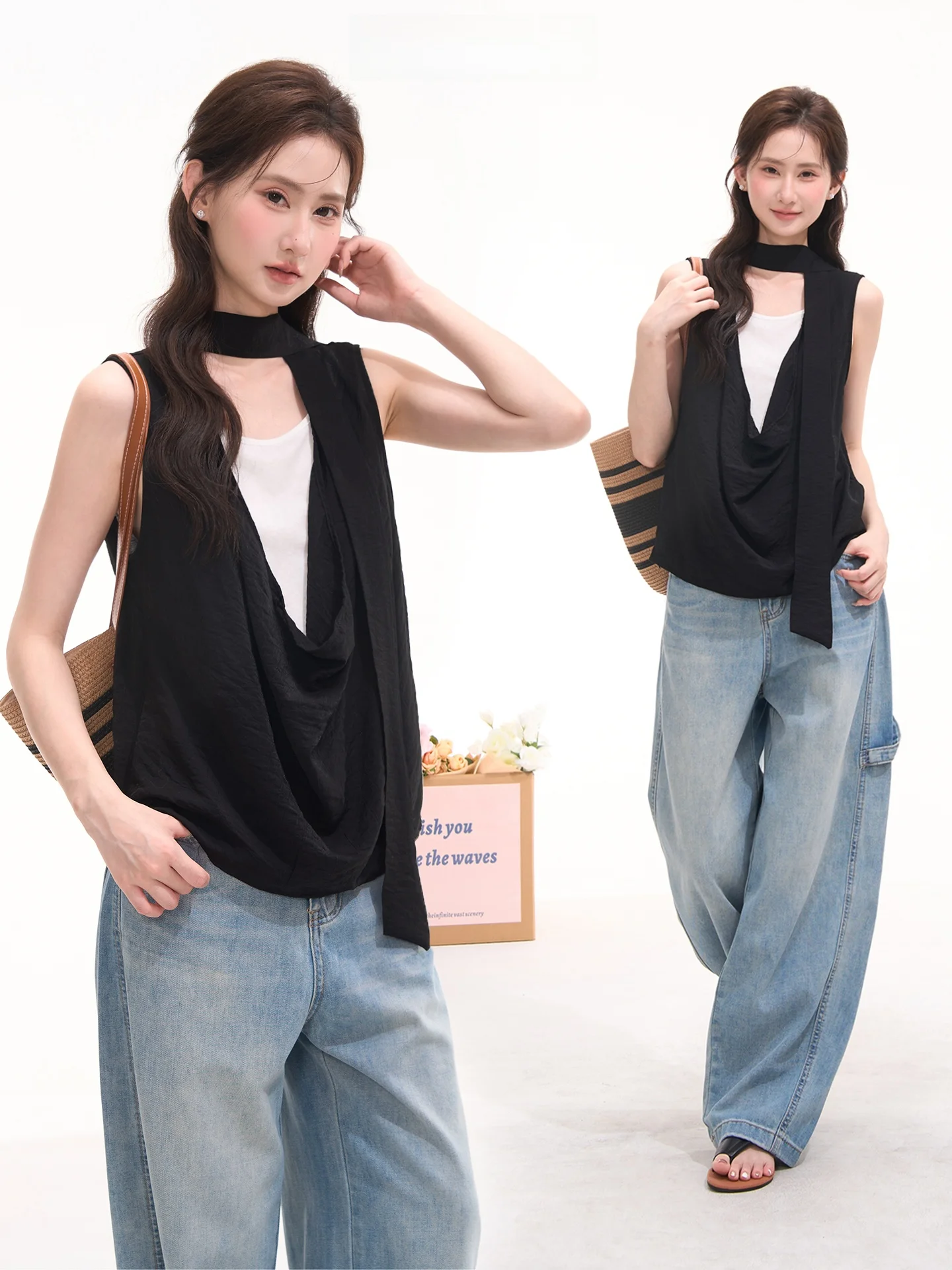 

Heme Flower Field Window Coconut Fiber No-Sleeve Shirt Casual Loose Fit Fake Two-Piece Design Sensation Draped Collar Top