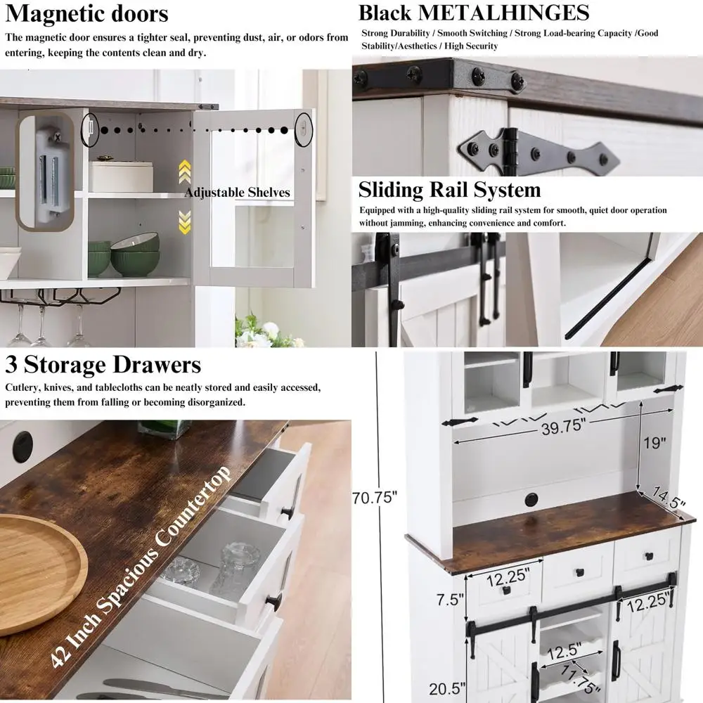 

Кофейный барный шкаф с раздвижными дверями-складками, 71 дюйм, в стиле фермерского дома, с выдвижными ящиками и подставкой для бокалов, деревенский буфетный шкаф